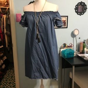 Large denim off the shoulder dress !